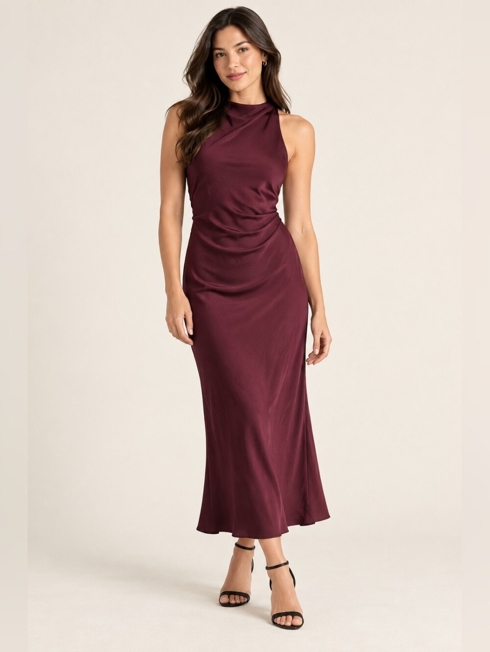 Quince Washable Stretch Silk High Neck Midi Dress Wine M